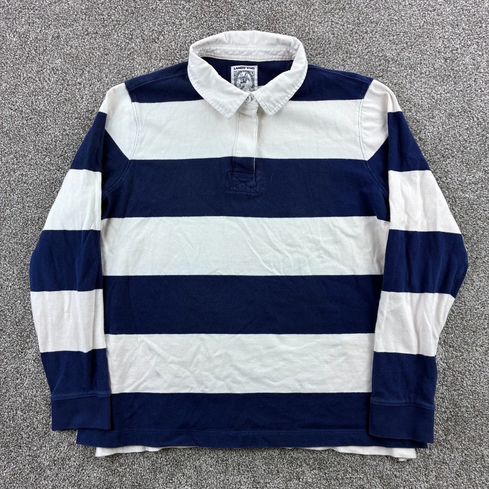 Vintage Lands End Rugby Shirt Women's XL Blue White Striped Long Sleeve Climbing